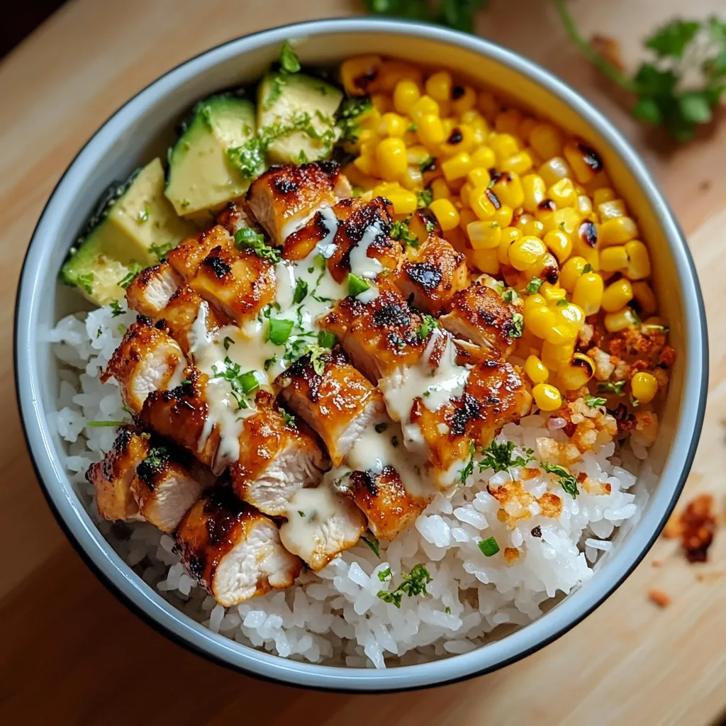street corn chicken rice bowl wooden skillet