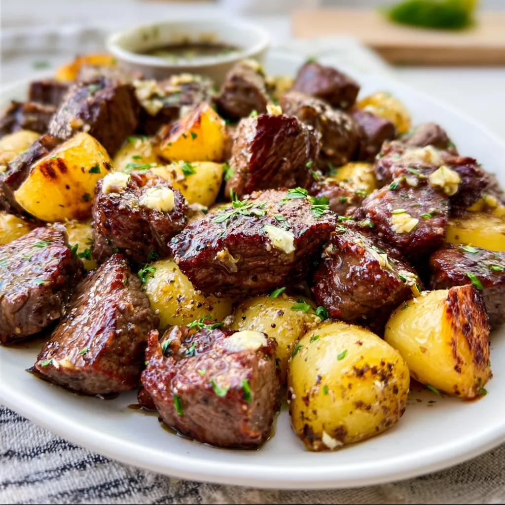 Air Fryer Garlic Butter Steak Bites and Potatoes