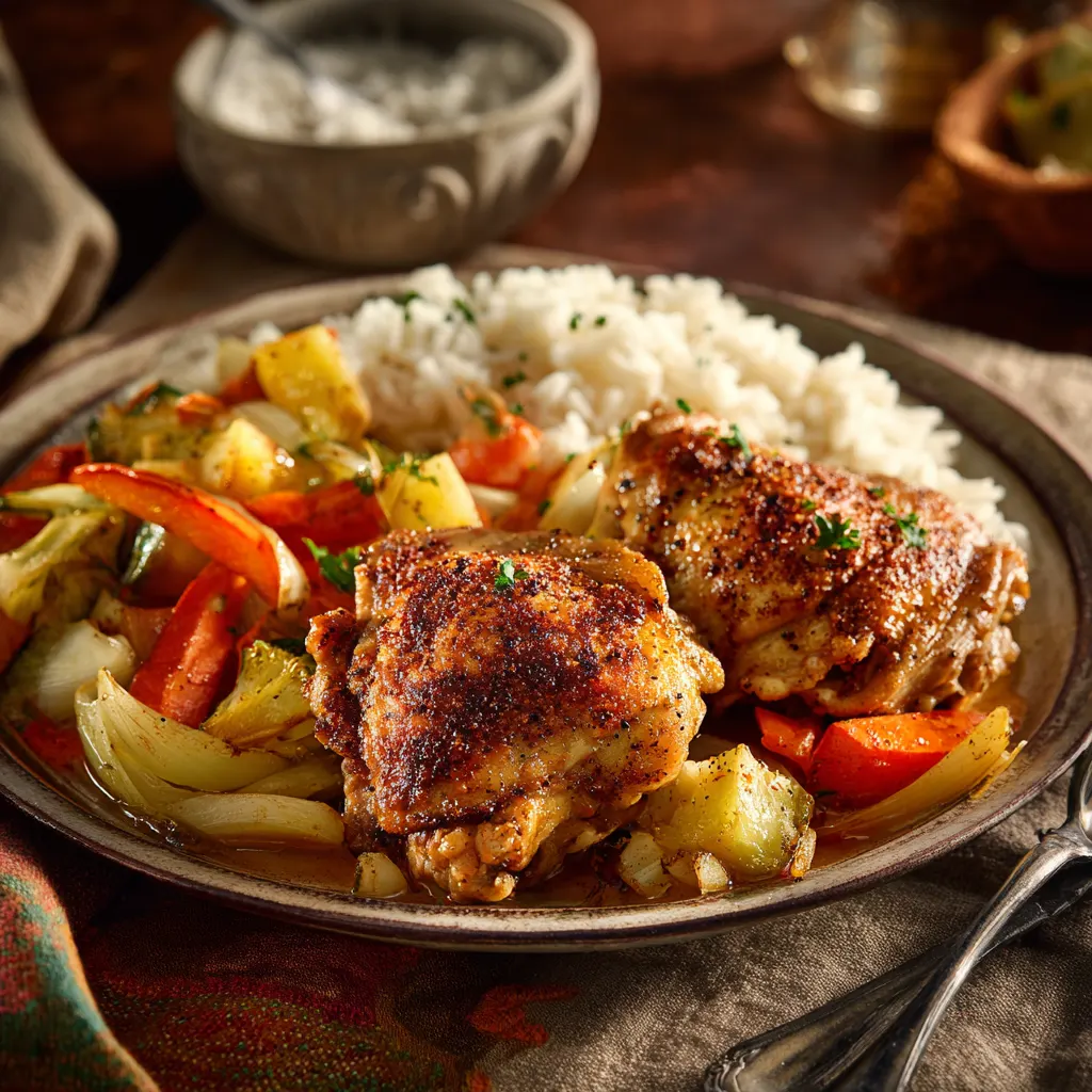 Air Fryer Chicken Thighs Served with Rice and Vegetables