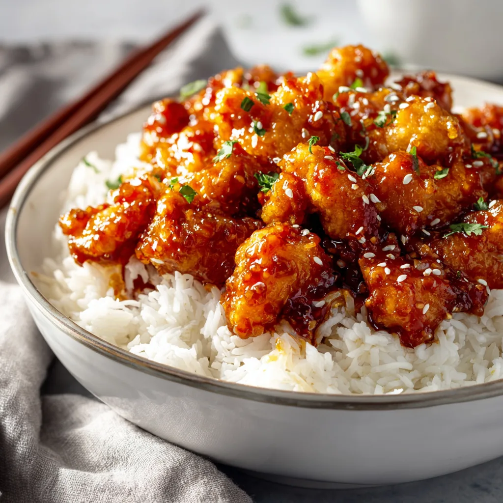 Air Fryer Orange Chicken Served with Rice