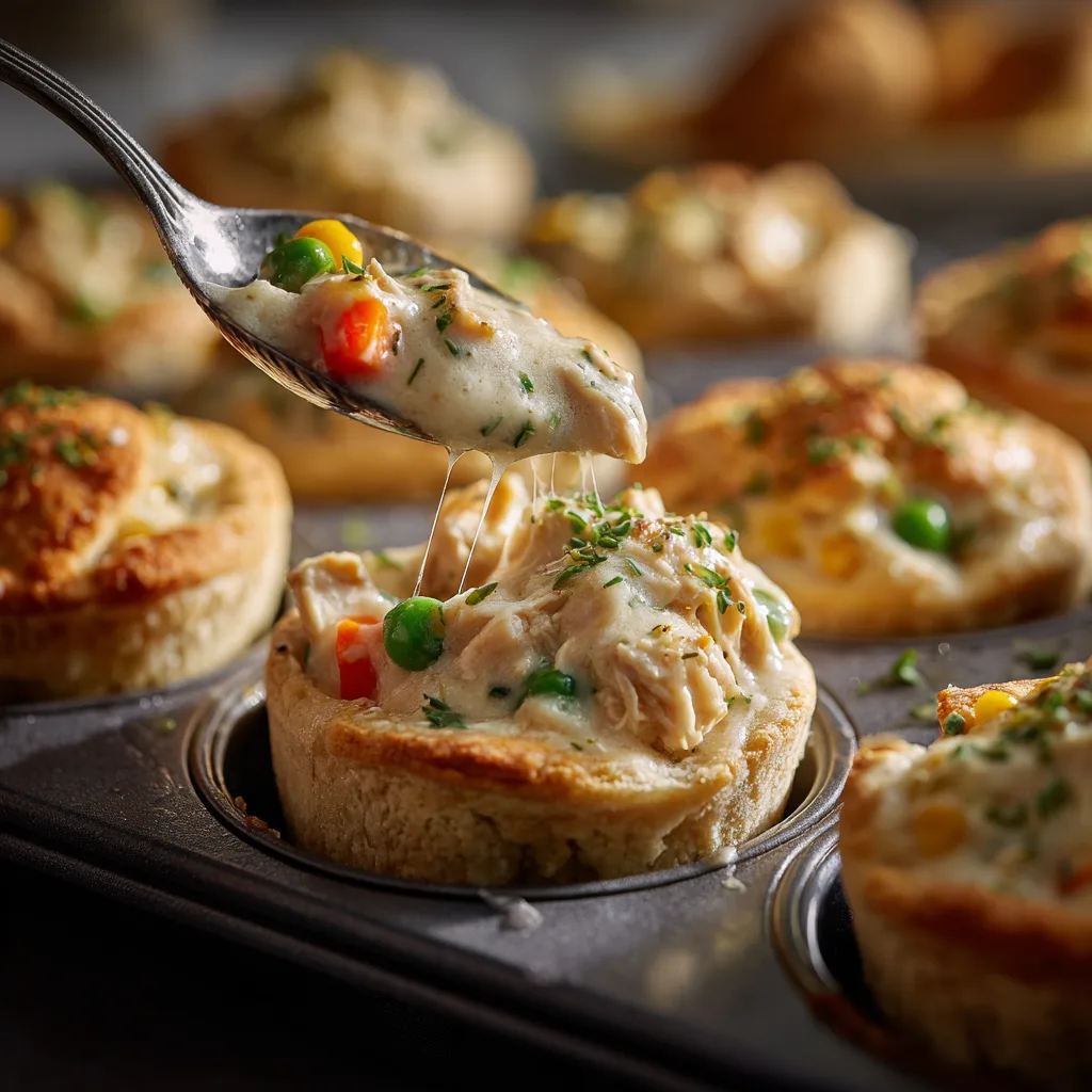 Filling Biscuit Cups With Creamy Chicken Pot Pie Mixture