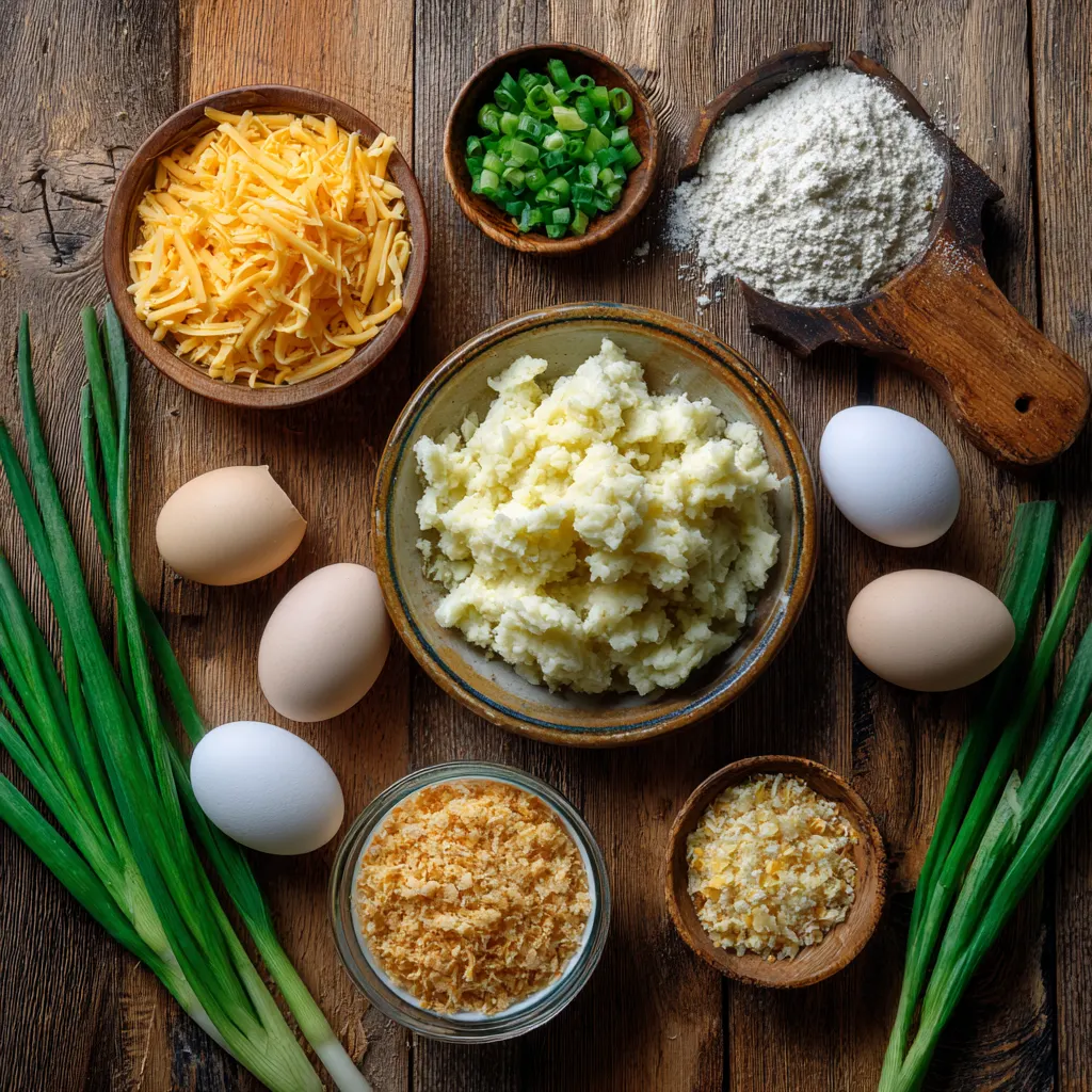 Mashed potatoes, shredded cheese, eggs, breadcrumbs, and seasonings for potato cheese puffs