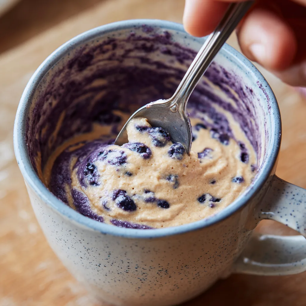 Mixing Blueberry Mug Cake Batter in a Mug