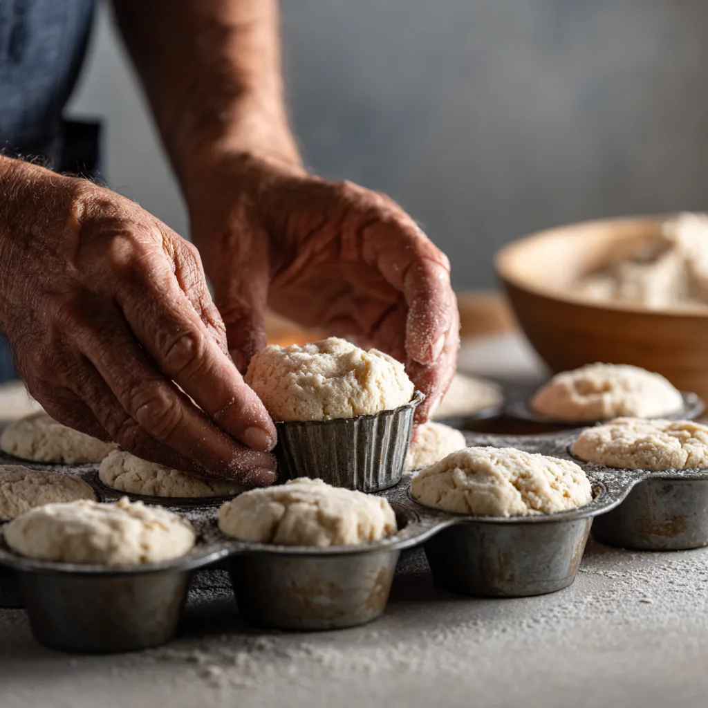 Pressing Biscuit Dough Into Muffin Pan Cups