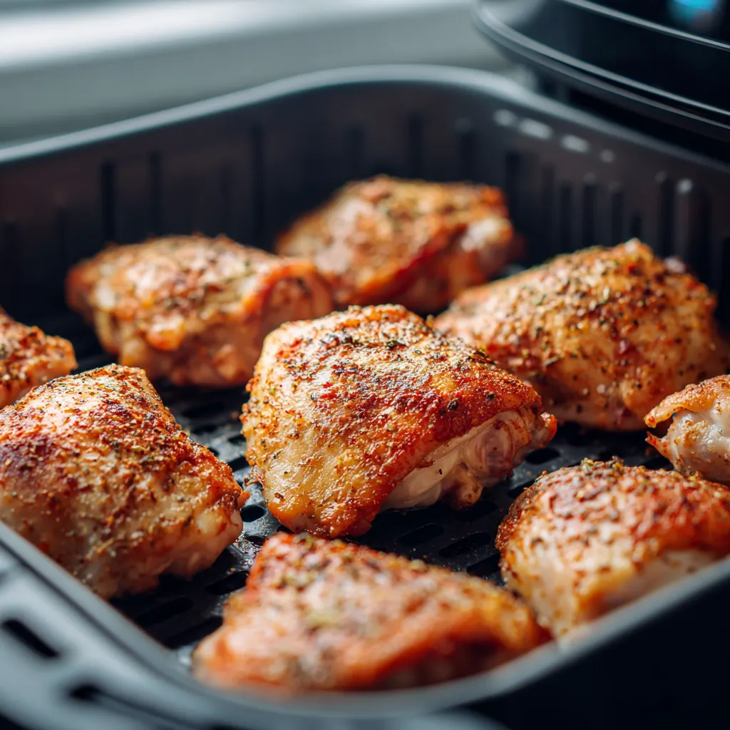Raw Chicken Thighs Arranged in Air Fryer Basket